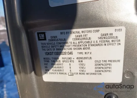 2003 GMC Envoy Slt z USA, uszkodzony, nr VIN 1GKDT13S032261346